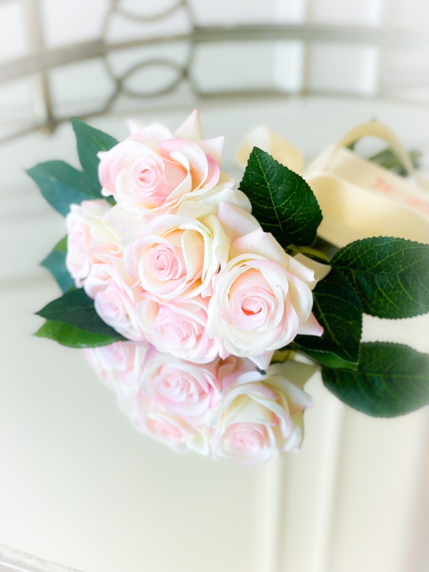 Soft Pink Rose Bouquet With Satin Bow And Dance Card