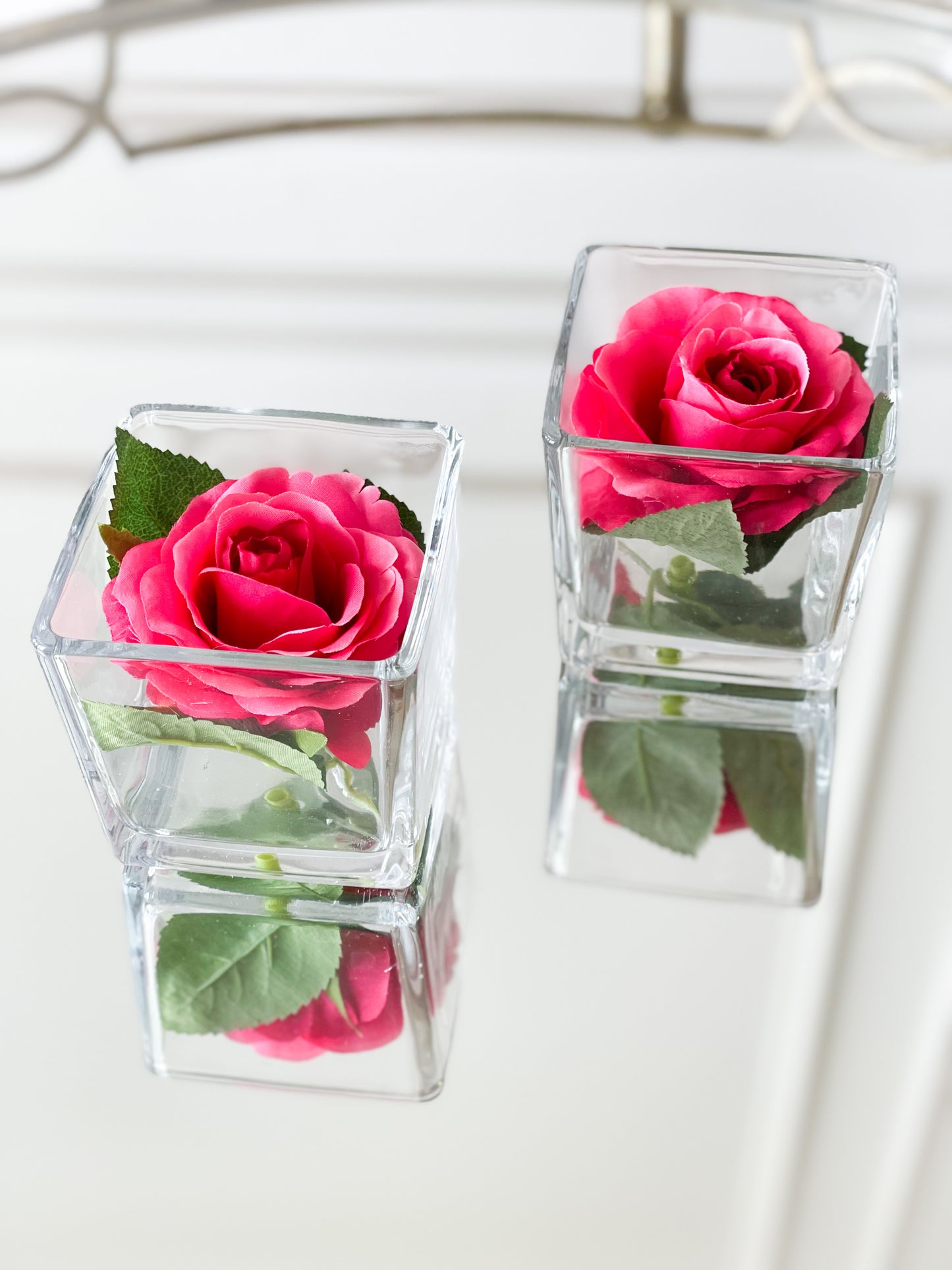 Pink Rose Bloom In Glass Vase